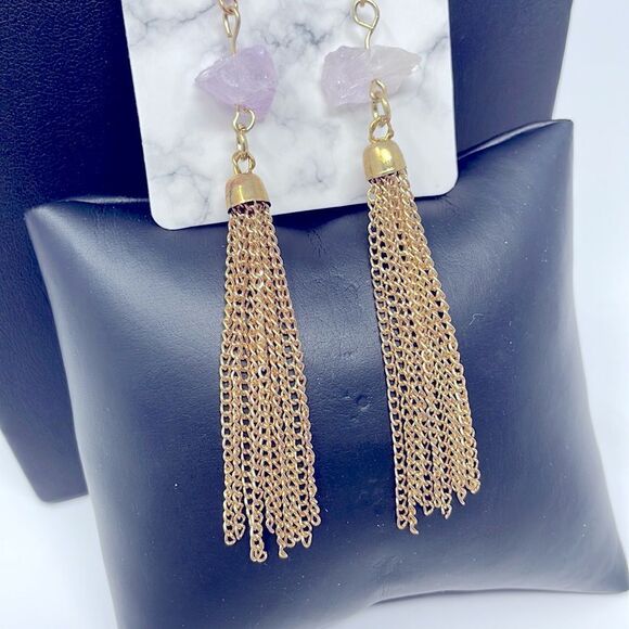 Amethyst Crystal Gold Chain Fringe Earrings - Picture 5 of 7